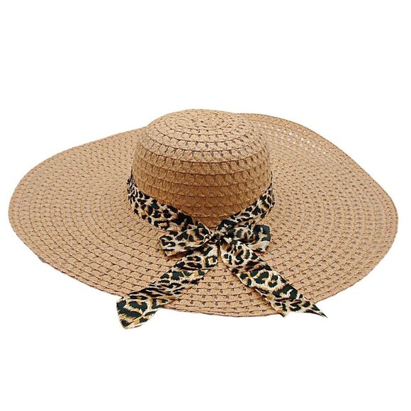 Large Beige Leopard Bow Floppy Wide Brim Sun Hat Black Band Beach Church Wedding - Picture 1 of 6